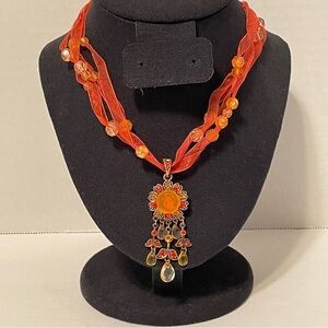 Pendant Necklace‎ Orange Yellow Crystal Copper Color Ribbon
